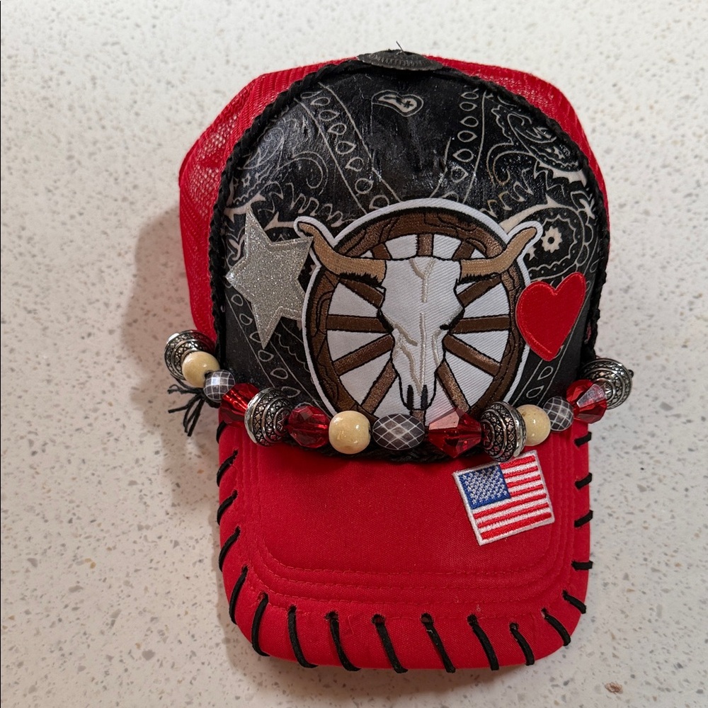 Red Western Skull Patch Trucker Hat with Beaded Accent